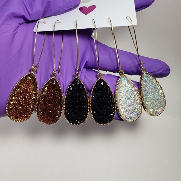 Women's Set of 3 Polished Gold tone Long Kidney Wire Multi color Earrings - Picture 6 of 7